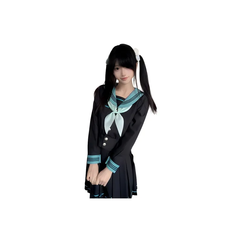 Shuhao Bai Uniforms Women's Hatsune Miku Cinched Waist Puff Sleeve Long Sleeved Top+Grass Green Fish Knot+Matching Short Skirt-0