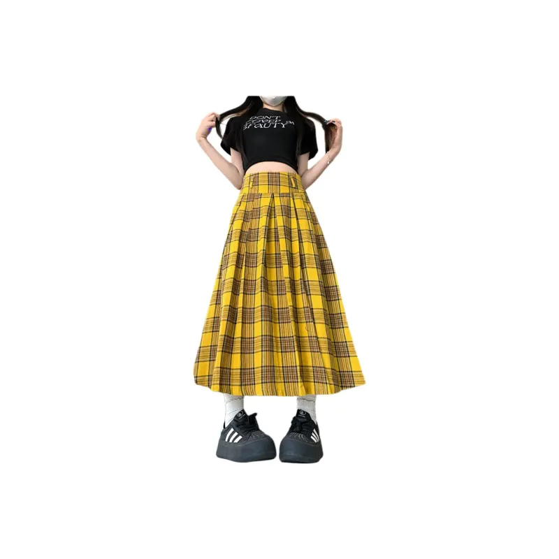 GOSO Casual Long Skirts Women's Yellow Plaid-0