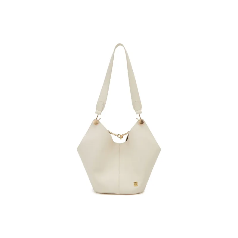 ELLE Cow Leather Shoulder Bag Medium Size Women's White/Black-0