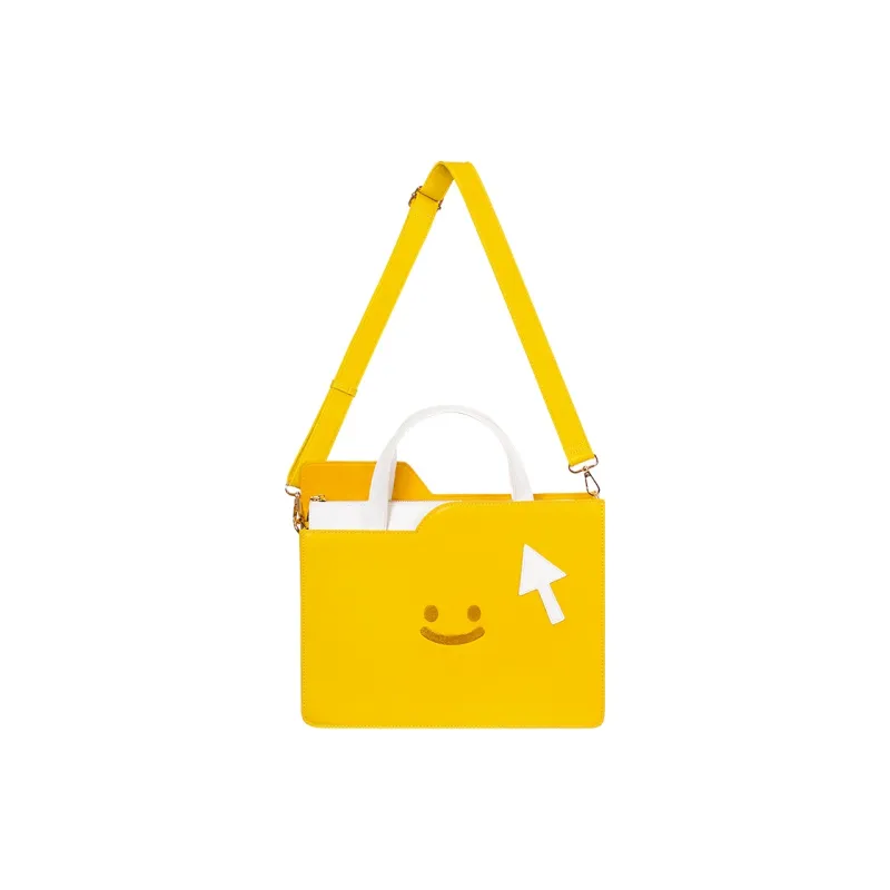 Crooked Melon Production Oxford With PU Leather Crossbody Bag, Shoulder Bag Unisex Yellow White-4
