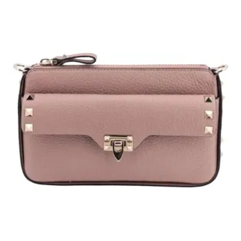Valentino Rockstud Grained Calfskin One Shoulder Crossbody Clutches Women's Beige Pink