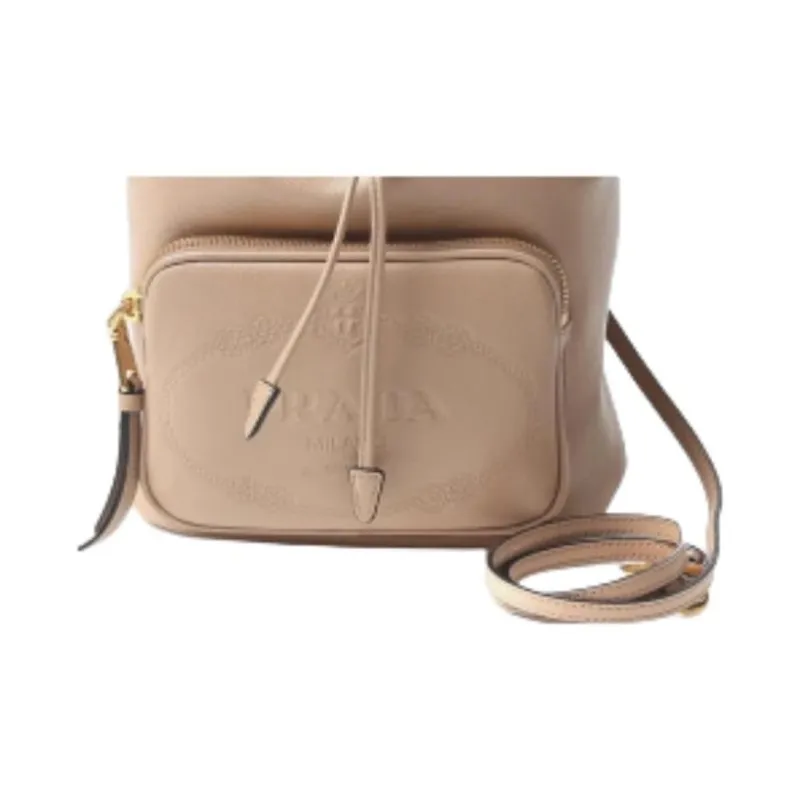 PRADA Leather Bucket Bag, One Shoulder Handbag Women's Beige-3