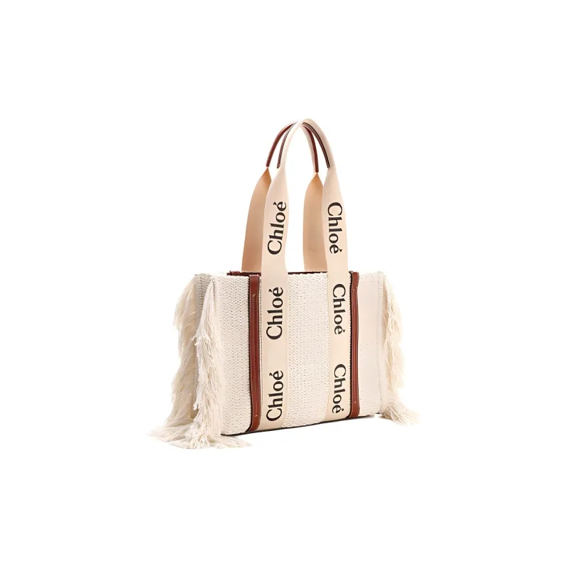 Chloe Woody Knitted Fabric, Recycled Cotton, Calfskin Trim Tote Bag, Shopping Bag, Shoulder Bag Women's Brown-1