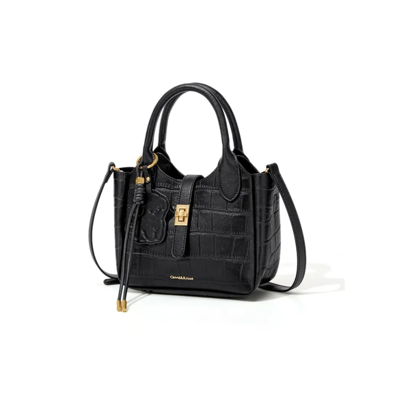 CinvaiKrose Synthetic Leather Basket Bag Handbag Medium Size Women's Ecru/Black-6