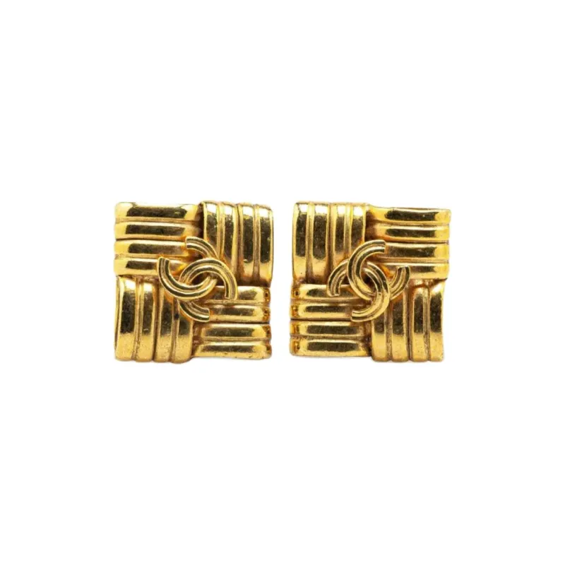 CHANEL 1996 Plated Cc Square Clip On Earrings Costume Earrings-0