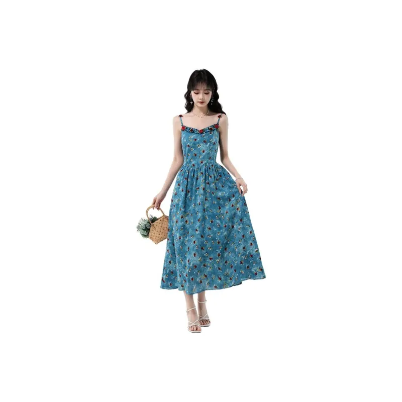 GOSO Sleeveless Dresses Women's Blue Floral-0