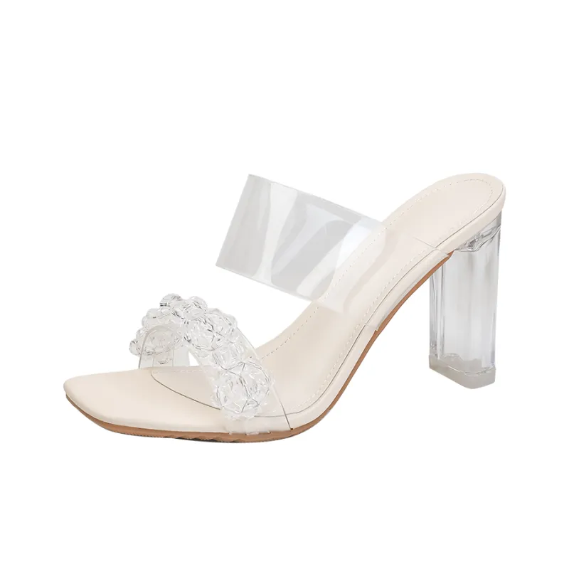 TATAYA Rubber Sole Rhinestone Abrasion Resistant Slide Slippers Women's Ecru-0