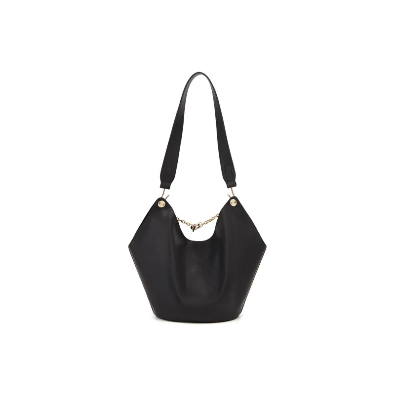 ELLE Cow Leather Shoulder Bag Medium Size Women's White/Black-7