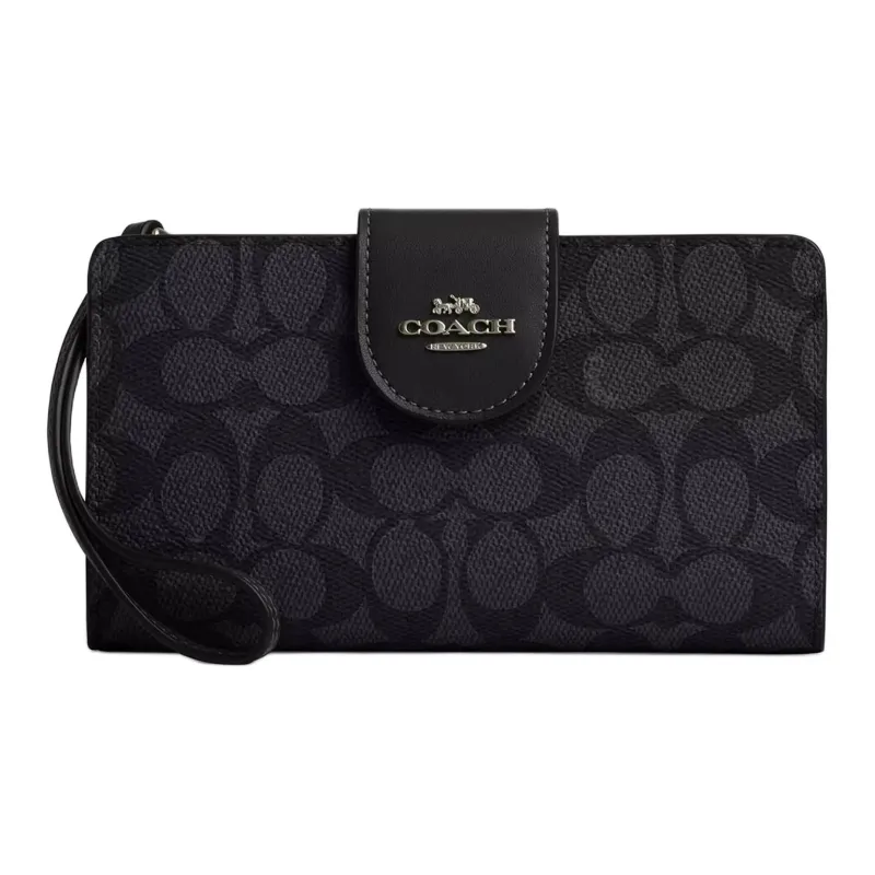 COACH Phone Coated Canvas Wallet Trumpets Women's Bronze & Charcoal Gray & Black-0