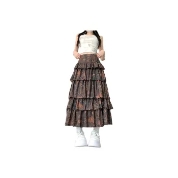 GOSO Casual Long Skirts Women's Brown With Print