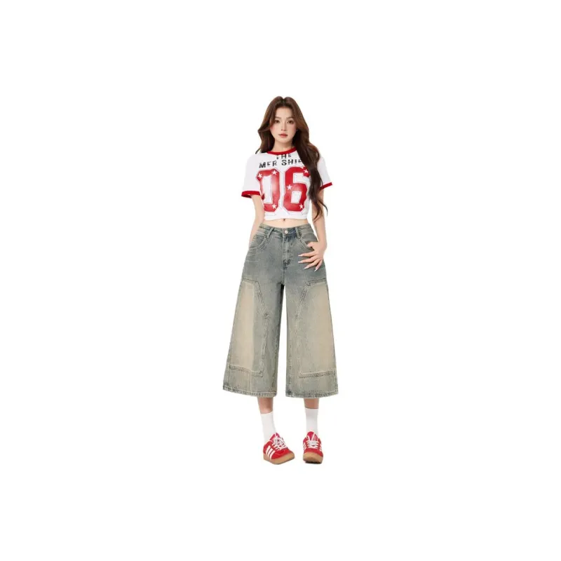 Wen Shan Denim Shorts Women's Vintage Blue Capri Pants-0