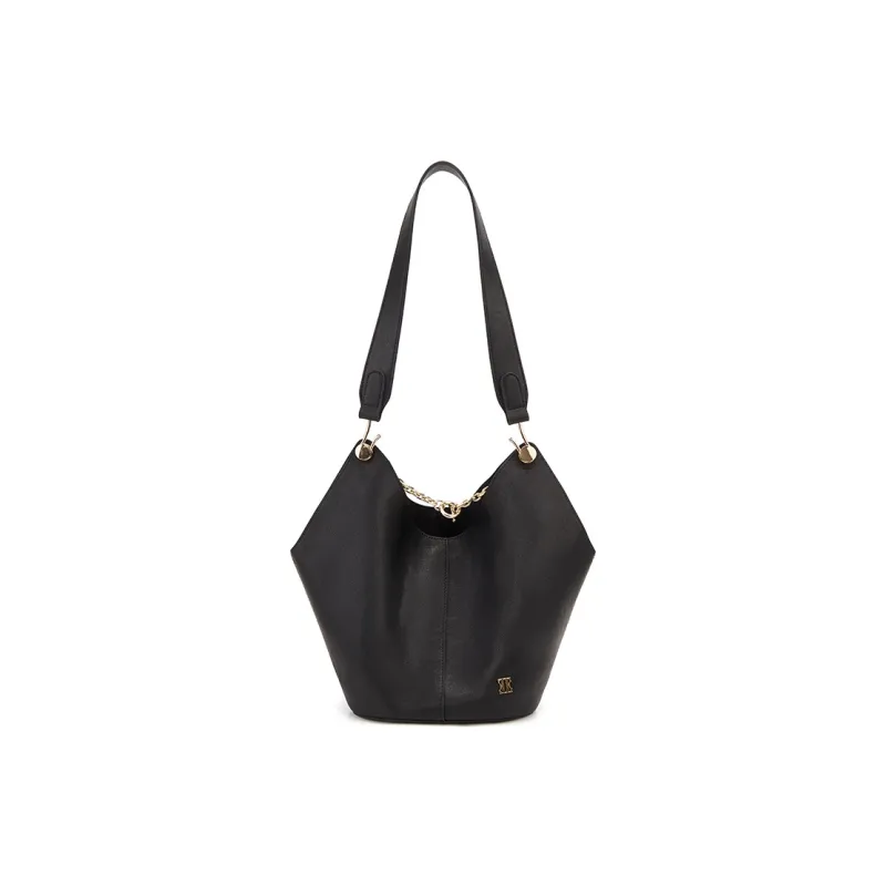 ELLE Cow Leather Shoulder Bag Medium Size Women's White/Black-5