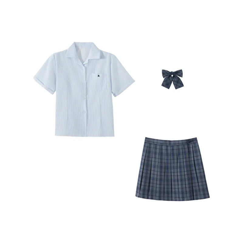 KAZAN Uniforms Women's Light Blue Three Piece Set Light Blue Stripes Embroidery Shirt+Dark Gray Pleated Skirt+Dark Gray Bow Tie-0