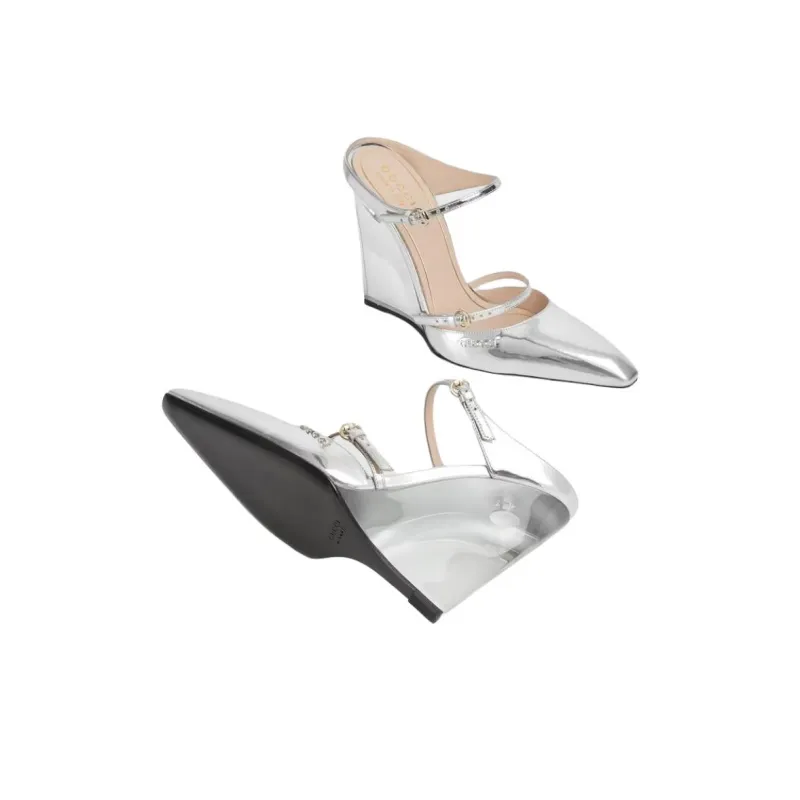 GUCCI Slip Resistant Closed Toe Slippers 11cm Women's Silver-5
