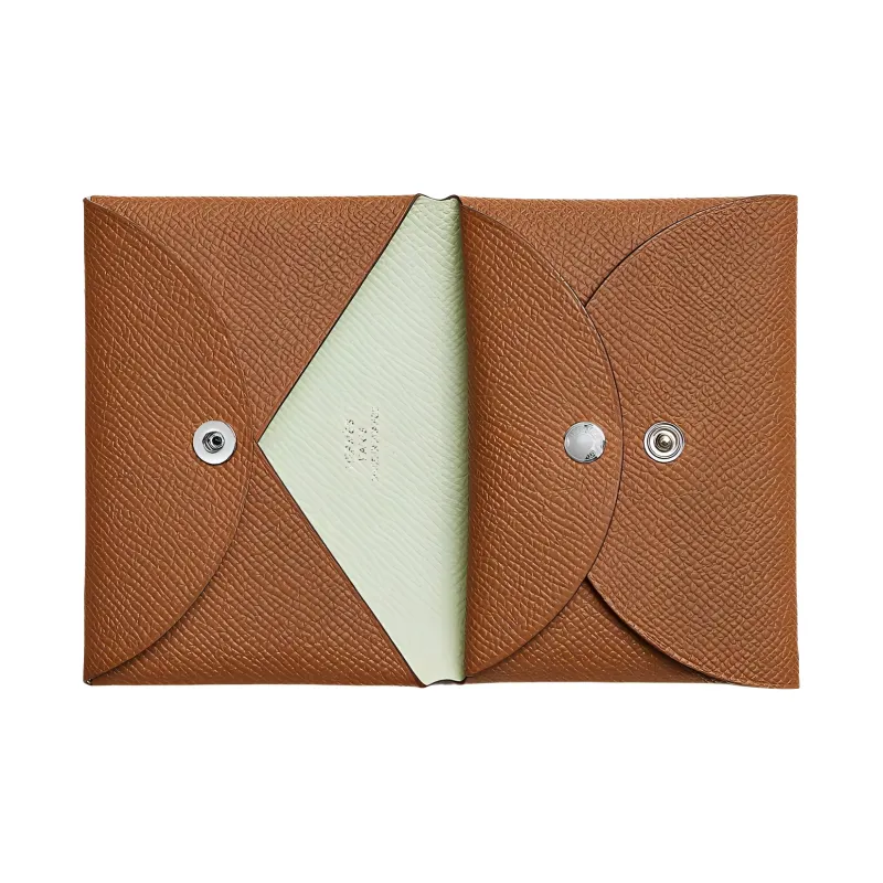 HERMES Calvi Duo Epsom Calfskin Card Holder, Wallet Unisex Gold Brown/Bubble Green-1