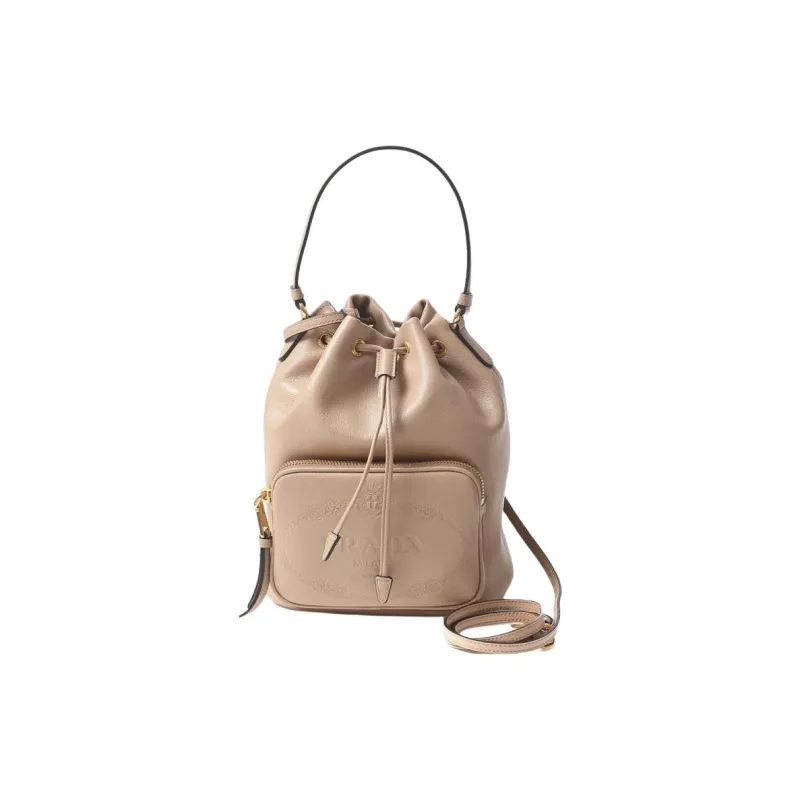 PRADA Leather Bucket Bag, One Shoulder Handbag Women's Beige-0