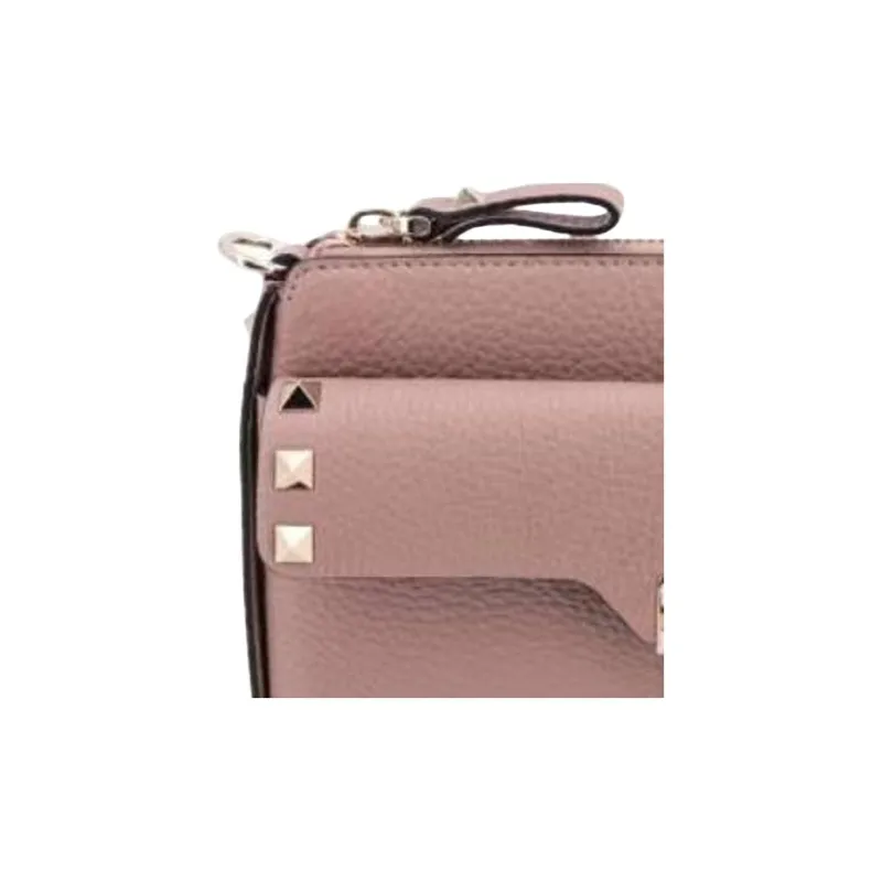 Valentino Rockstud Grained Calfskin One Shoulder Crossbody Clutches Women's Beige Pink-3