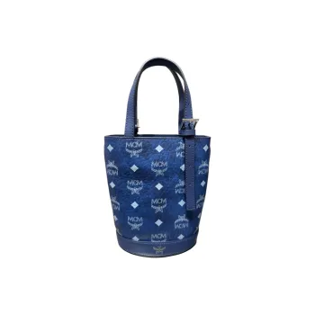 MCM Aren Visetos Artificial Leather Bucket Bag, One Shoulder Handbag Mini Women's Blue