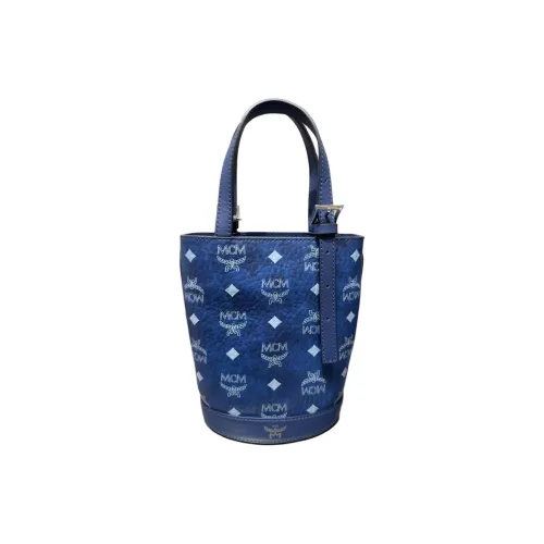 MCM Aren Visetos Artificial Leather Bucket Bag, One Shoulder Handbag Mini Women's Blue
