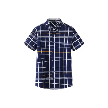 ARTSDON Shirts Men Navy Blue Plaid