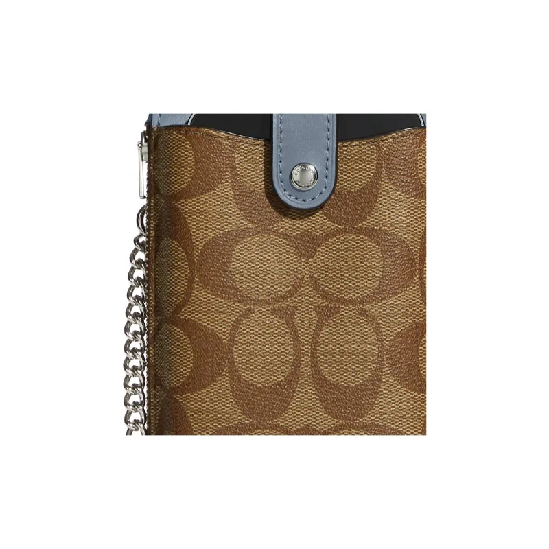 COACH N/S Canvas With Leather Cell Phone Pouch, Crossbody Bag, Shoulder Bag Mini Women's Khaki & Blue-4