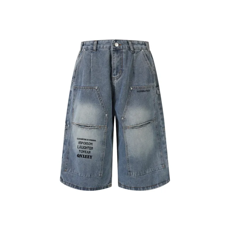 Qnxeey Denim Shorts Unisex Blue-0