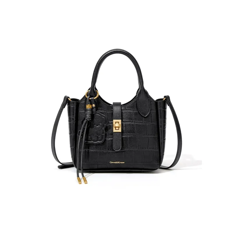 CinvaiKrose Synthetic Leather Basket Bag Handbag Medium Size Women's Ecru/Black-5