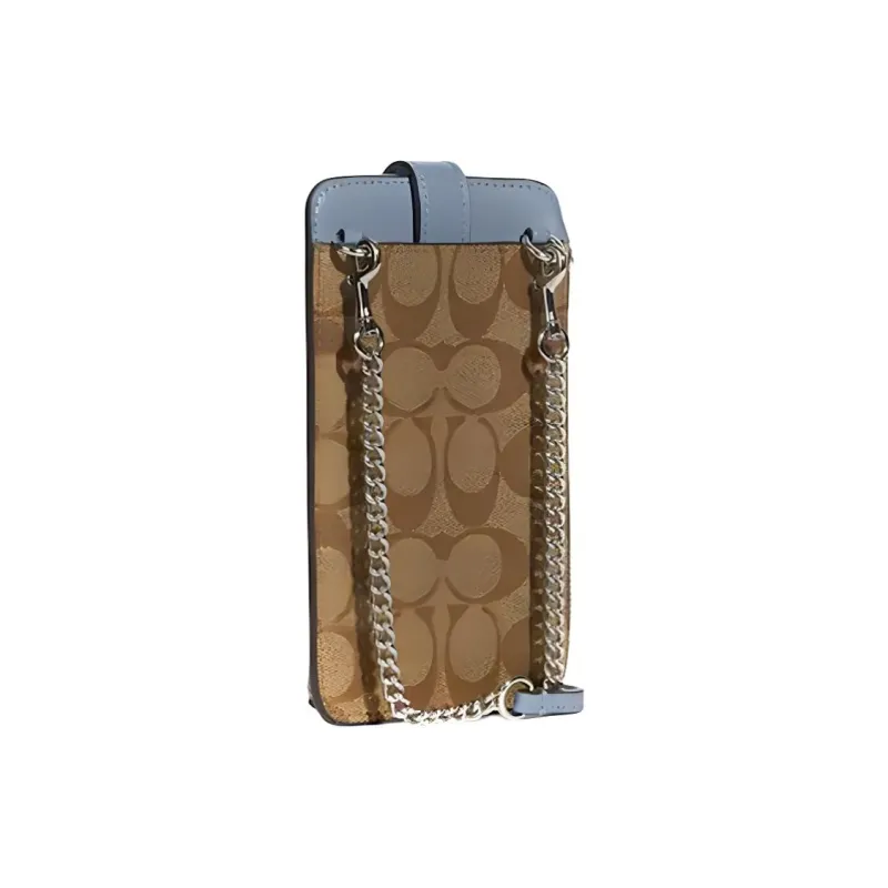 COACH N/S Canvas With Leather Cell Phone Pouch, Crossbody Bag, Shoulder Bag Mini Women's Khaki & Blue-1