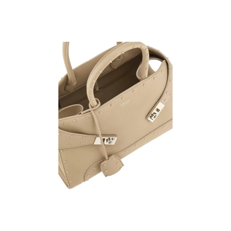FERRAGAMO Hug Hammered Texture Calfskin Shoulder Bag, Crossbody Bag, Handbag Medium Size Women's Light Beige-5