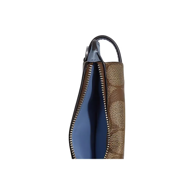 COACH N/S Canvas With Leather Cell Phone Pouch, Crossbody Bag, Shoulder Bag Mini Women's Khaki & Blue-3