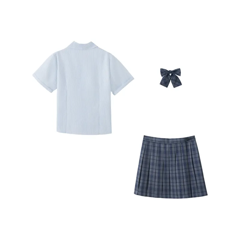 KAZAN Uniforms Women's Light Blue Three Piece Set Light Blue Stripes Embroidery Shirt+Dark Gray Pleated Skirt+Dark Gray Bow Tie-1