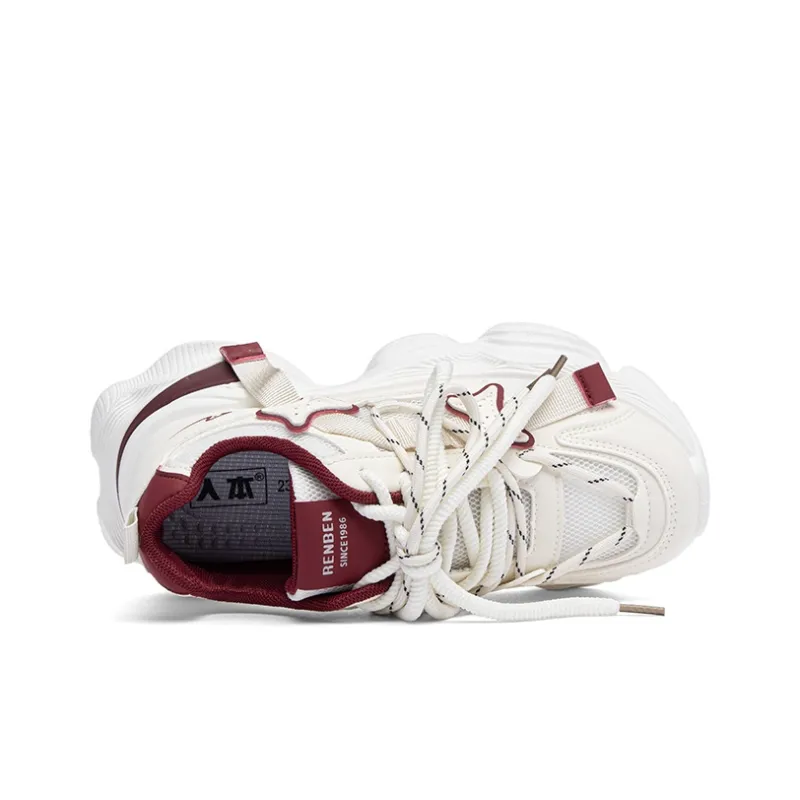 RENBEN Cushioning Abrasion Resistant Breathable Low Top Chunky Sneakers Women's Beige Red-2
