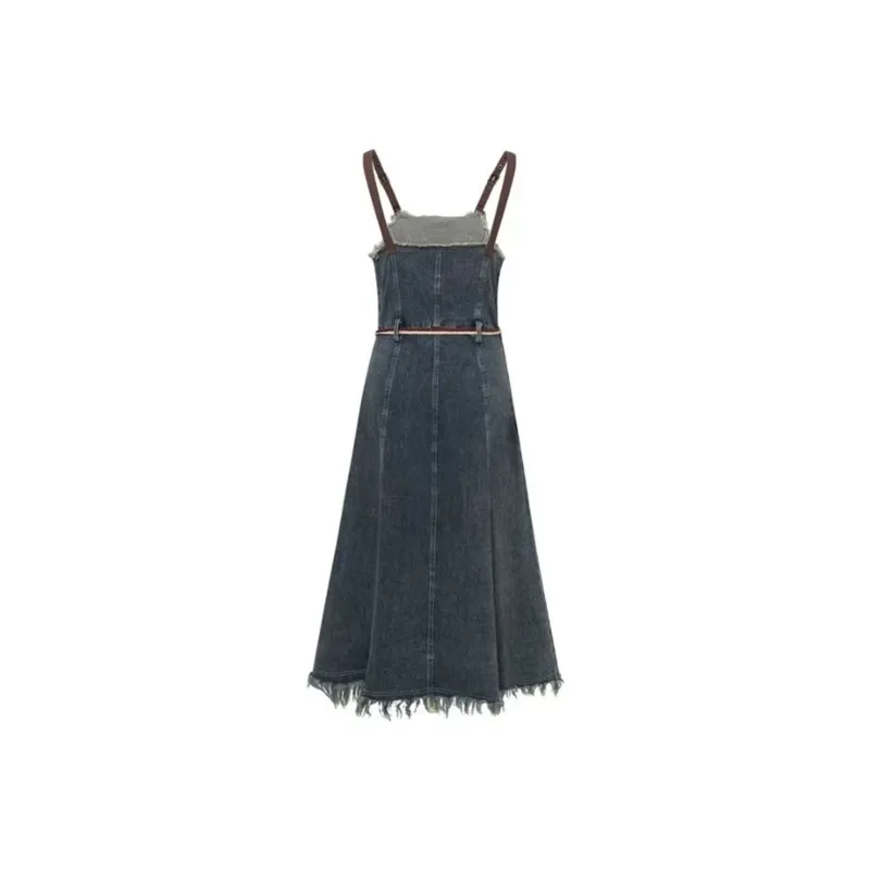 GUOZHEN Slip Dresses Women's Blue With Waist Strap-1