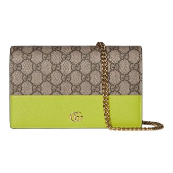 GUCCI GG Marmont Leather Wallet, Shoulder Bag Women's Beige & Bright Green