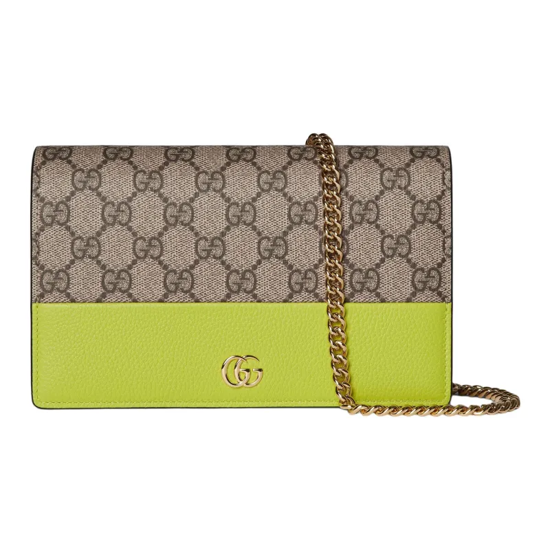 GUCCI GG Marmont Leather Wallet, Shoulder Bag Women's Beige & Bright Green-0