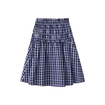 Mm Casual Long Skirts Women's Blue Reversible Plaid