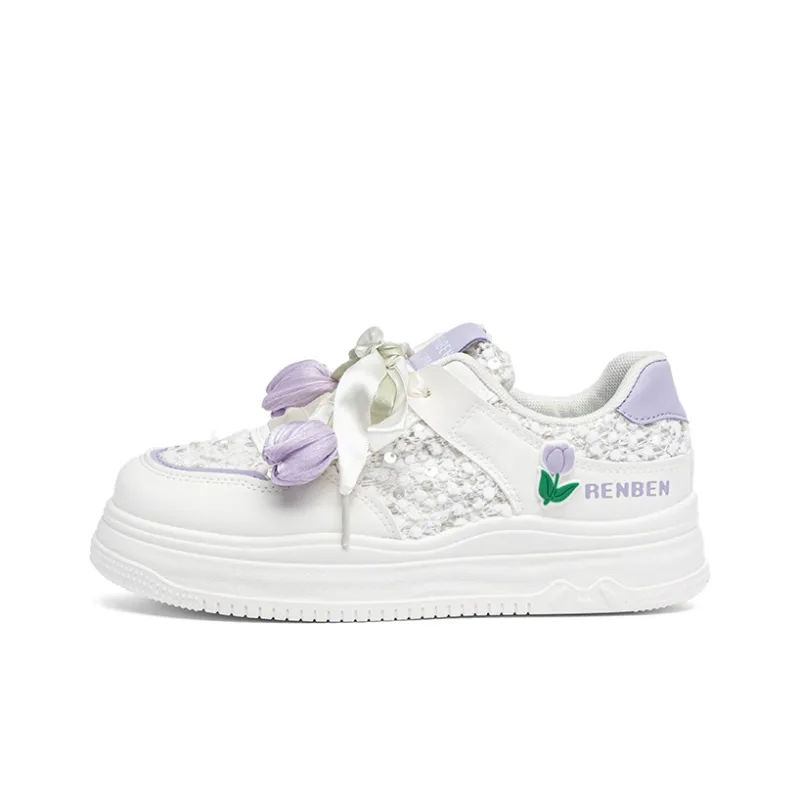 RENBEN Cushioning Abrasion Resistant Support Low Top Skateboard Shoes Women's White Purple-0