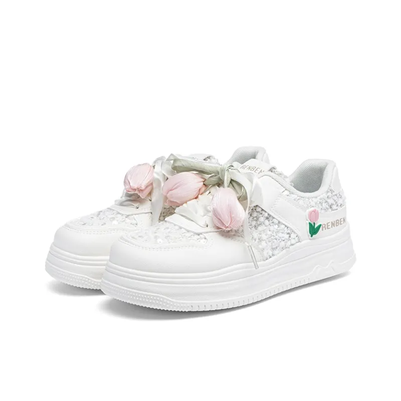 RENBEN Slip Resistant Shock Absorbers With Abrasion Resistant Properties Low Top Skateboard Shoes Women's White Pink-1