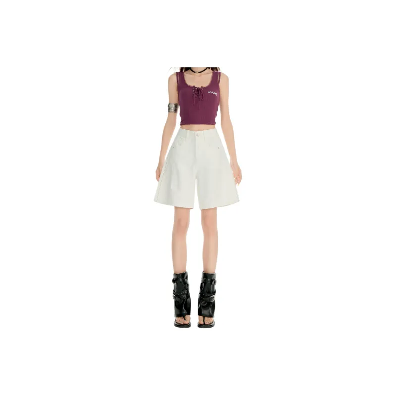 Wen Shan Denim Shorts Women's Apricot Knee Length Pants-0