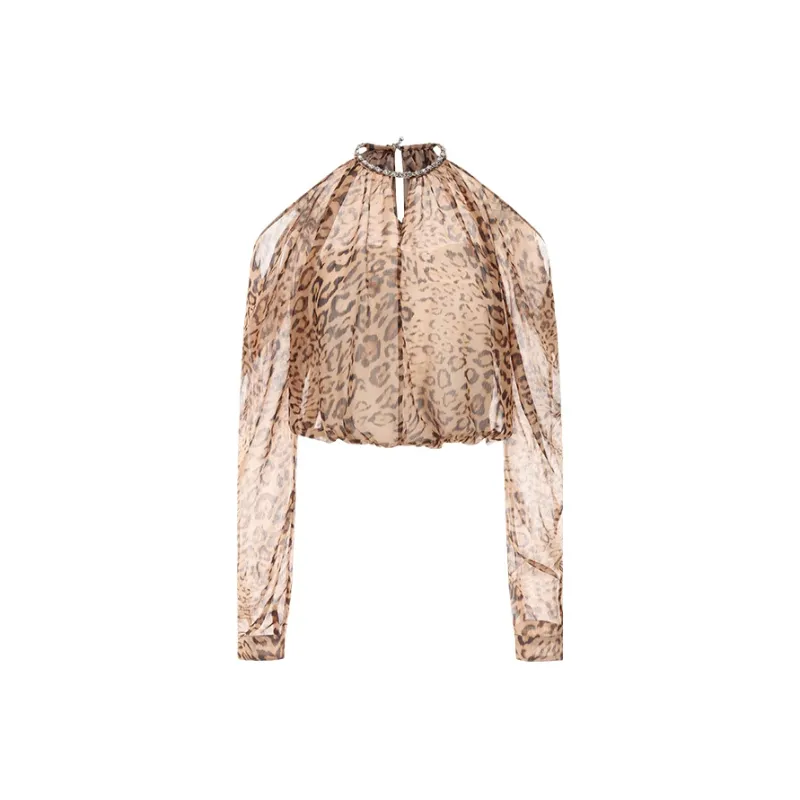 GIMING Chiffon Shirts Women's Leopard Print+White-0
