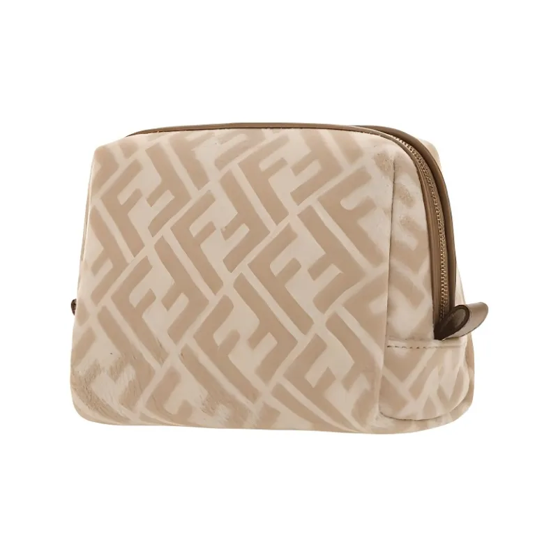 FENDI Wool Bonded Leather Makeup Bag Toiletry Bag Clutch Wallet Women's Light Brown-1