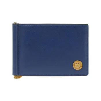 VERSACE Cow Leather Card Clip Wallets Men's Blue