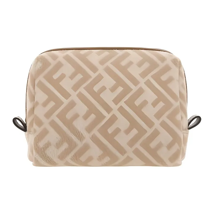 FENDI Wool Bonded Leather Makeup Bag Toiletry Bag Clutch Wallet Women's Light Brown-0