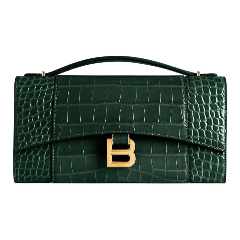 Balenciaga Hourglass Crocodile Pattern Embossed Calfskin One Shoulder Handbag Women's Forest Green-0