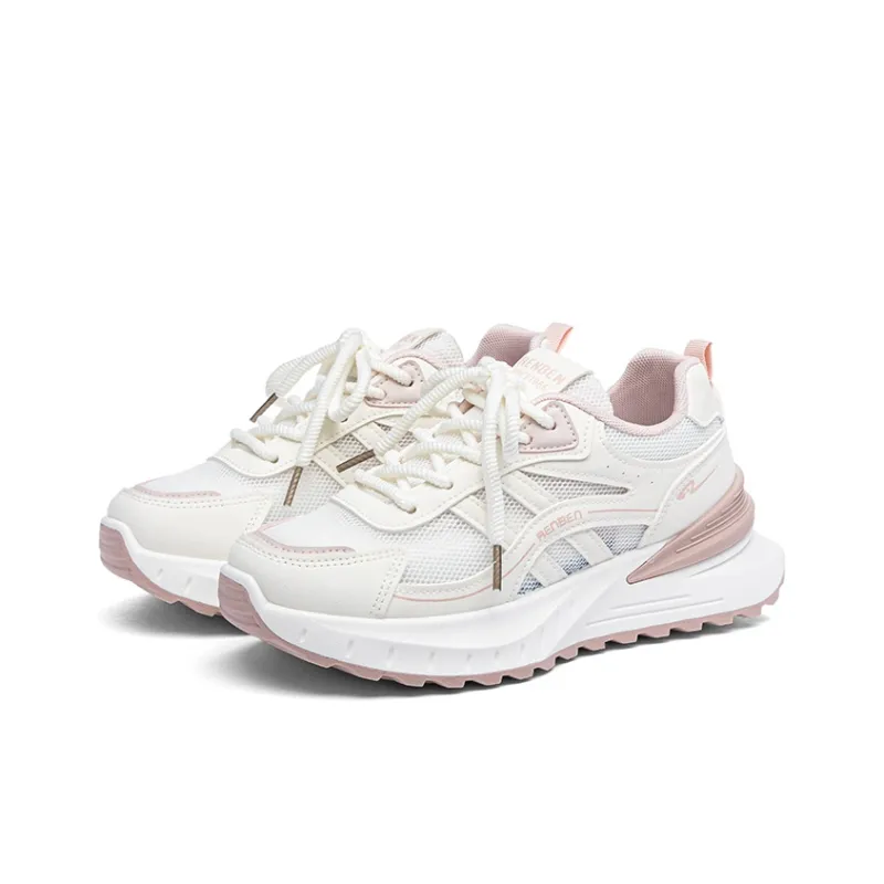 RENBEN Shock Absorbers Slip Resistant Breathable Low Top Casual Shoes Women's Pink White-1