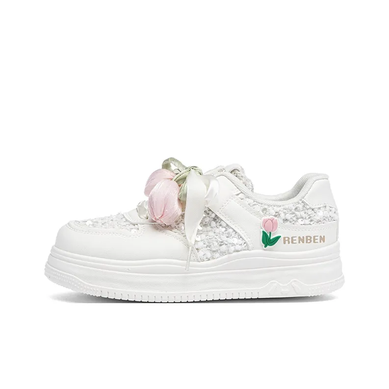 RENBEN Slip Resistant Shock Absorbers With Abrasion Resistant Properties Low Top Skateboard Shoes Women's White Pink-0