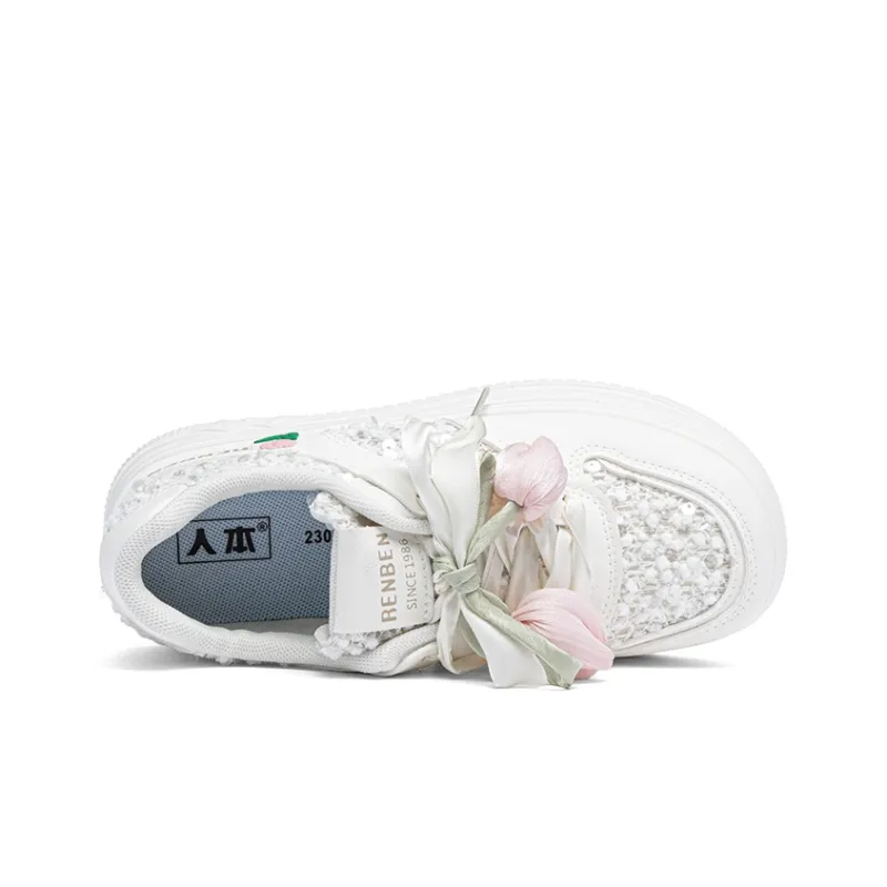 RENBEN Slip Resistant Shock Absorbers With Abrasion Resistant Properties Low Top Skateboard Shoes Women's White Pink-2