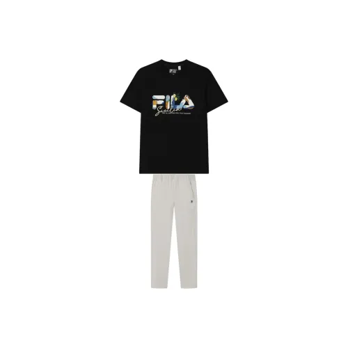 FILA Casual Sportswear Men Clothing Set Jet Black Top+Volcanic Stone Gray Bottom