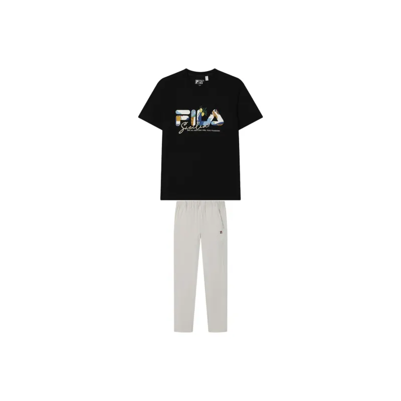 FILA Casual Sportswear Men Clothing Set Jet Black Top+Volcanic Stone Gray Bottom-0
