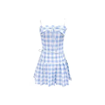 SISC Slip Dresses Women's Blue White Plaid